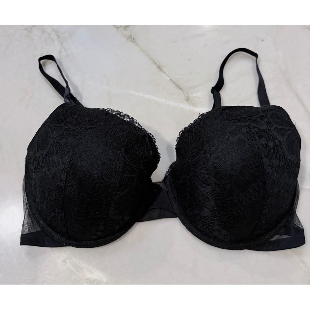 Victoria's Secret Black Lace Lined Demi Bra 38DD Sheer Mesh Wing Underwire